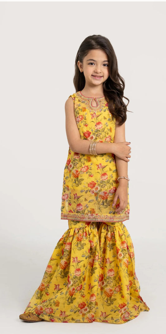 Mini Minor -Printed Embroidered Shirt With Gharara & Sleeves -3Pc